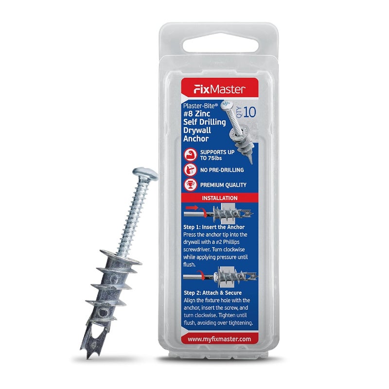 FixMaster Zinc Plaster Bite Self-Drilling Drywall Anchors w/Screws (10 Anchors & 10 Screws) – Heavy Duty Zinc Hollow Wall Anchor Kit for 3/8", 1/2", 5/8" Drywall – 75 lbs Holding Strength - Image 1